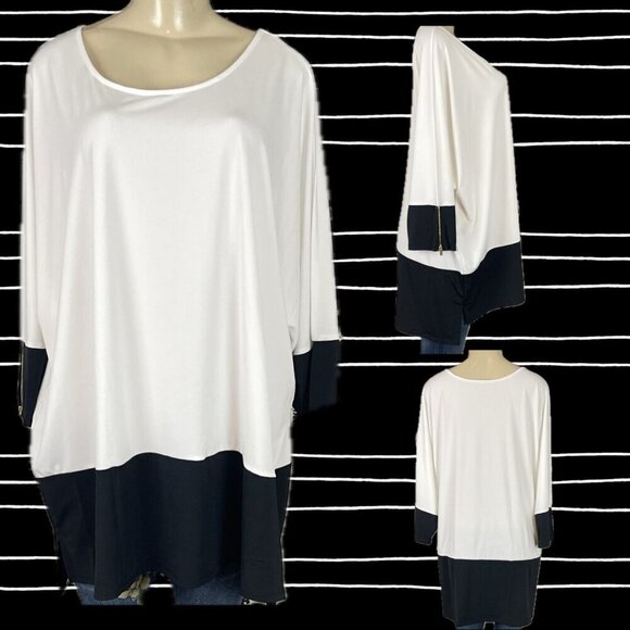 Woman Within 30/32 White-Black Crew Neck 3/4 Sleeve Zip Detail Sleeve Tunic Top - Picture 1 of 6